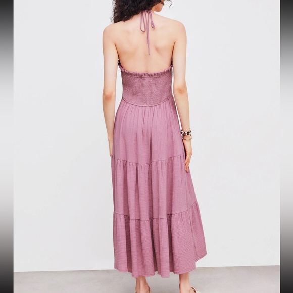 Cider Halter Knotted Shirred Ruffle Maxi Dress - Picture 6 of 10